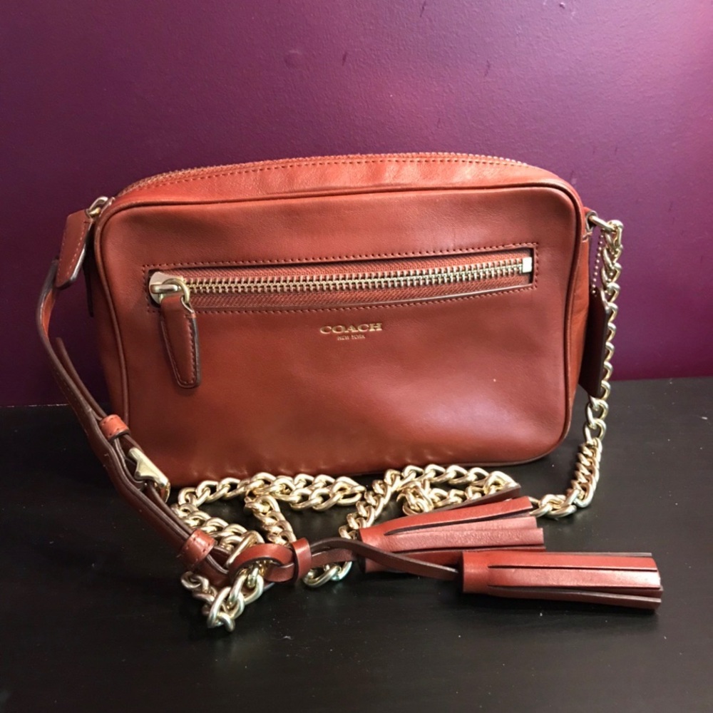 Coach Brown Leather Camera Bag with Gold Chain